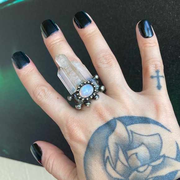 Natural iridescent flash moonstone gem triple crystal quartz adjustable ring - Picture 16 of 16